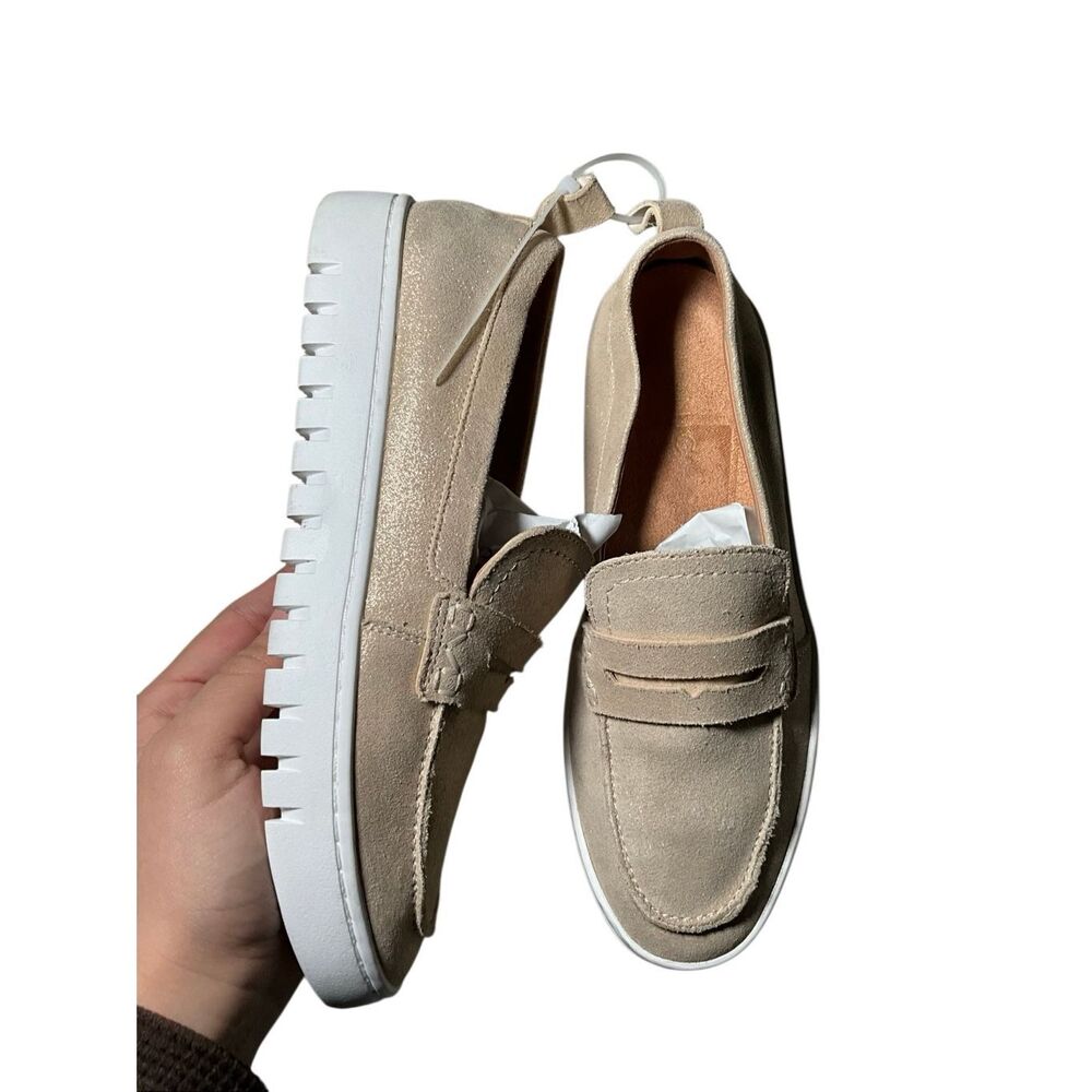 Vionic Beige Suede Platform Loafers with White Sole